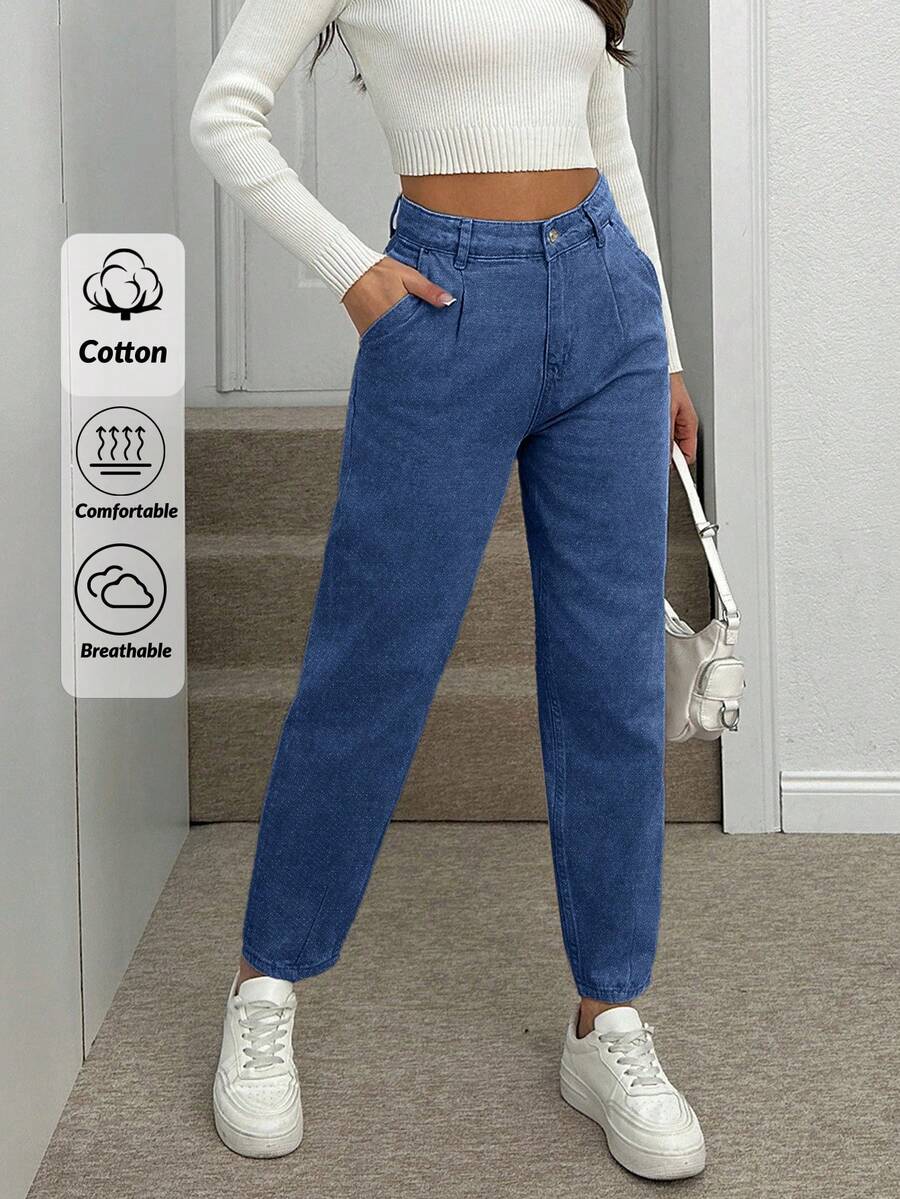 EURMUSE HIGH WAIST STRAIGHT JEAN PANTS - Royal Blue - View 1