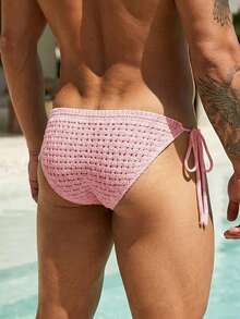 Manfinity Swimmode Men's Vacation Pink Beach Knit Drawstring Briefs Summeroutfit Mens Swim Thong Men Speedos Men Bikini Mens Bathing Suit Bottoms Jockstrap Men - Pink - View 2