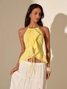 SHEIN Glamour Áo sơ mi voan đi nghỉ mát, viền bèo nhún voan, áo nữ, áo kiểu cổ yếm hở lưng màu vàng chanh, áo peplum cổ yếm bèo nhún kiểu Y2K, áo crop top voan mỏng cổ yếm, áo màu vàng pastel bèo nhún cho bữa brunch Phục Sinh, áo cổ yếm bèo nhún cho kỳ nghỉ xuân, áo cổ yếm và peplum thanh lịch, áo cổ yếm voan mỏng gợi cảm cho buổi hẹn hò, trang phục đi biển cho kỳ nghỉ xuân, lễ hội Coachella, phong cách Boho Y2K, trang phục dự đám cưới mùa xuân, trang phục bèo nhún lãng mạn cho đêm tiệc, áo bèo nhún mỏng gợi cảm cho lễ hội mùa xuân, trang phục thẩm mỹ. - Vàng nhạt - Xem 8