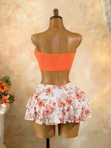 SaltGleam SaltGleam 性感度假露肩上衣和荷叶边碎花裙两件套 - 橘色 - 查看 2