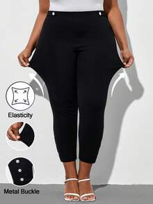 Chikora 女士黑色锥形弹力针织裤脚刺绣加大码长裤，优雅日常穿着 - 黑色 - 查看 2