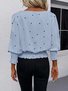 SHEIN LUNE 复古爱心印花休闲通勤户外圆领荷叶边花瓣袖女式衬衫 - 淺藍色 - 查看 2