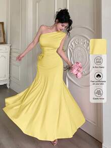 Modelyn Solid Color Sleeveless Ruched Fitted Dress For Women - Yellow - View 2