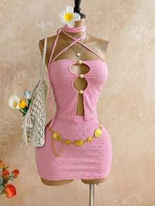 Cévolie 女士露背镂空吊带上衣和迷你裙套装，适合沙滩派对、夏季度假、休闲度假等各种场合。两件套服装，包括Zoey款式的派对礼服、夜店热辣连衣裙、生日派对装、俱乐部夏季服装等。 - 黃色 - 查看 5