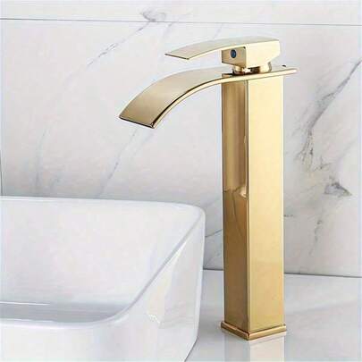 Torneira tipo cascata para lavatórios, bico largo, aço inoxidável, acabamento espelhado, cotovelo quadrado, torneira de bancada para água quente e fria.