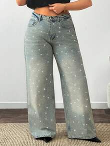 SHEIN Women Plus Size Rhinestone Embroidered Wide Leg Washed Detail Jeans - Grey - View 8