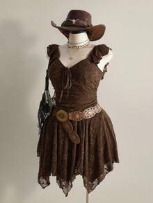 SHEIN ICON 大码不对称下摆蕾丝连衣裙，小喇叭袖，Y2K性感不对称下摆连衣裙，音乐节服装 - 棕色 - 查看 3