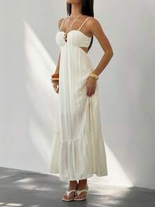 Lyxana Women's Off White Hollow Out Gold Ring Maxi Dress,Summer Boho Vacation Holiday Spaghetti Strap Backless Textured Striped A-Line Resort Elegant - Apricot - View 6