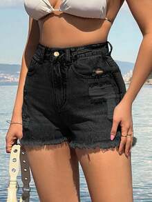 EURMUSE 100%Cotton Back Label Detailed Short With Destroy - Black - View 7