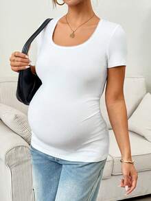 SHEIN Maternity Casual Solid Color Short Sleeve T-Shirt For Summer - White - View 4