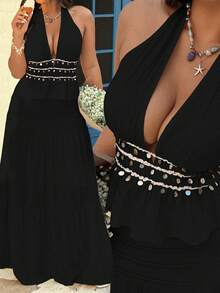 Sunnyshic 大码女士性感露背波西米亚风贝壳装饰吊带背心，杏色 - 黑色 - 查看 1