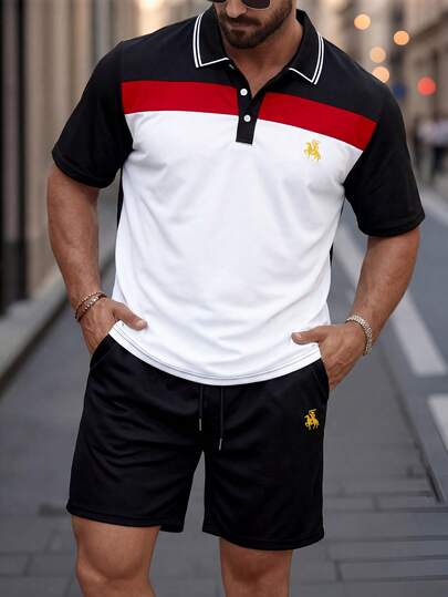 Manfinity CasualCool Men's Business Polo Shirt Set, Men's Embroidered Polo Shirt Set, Men's Contrast Color Polo Shirt And Black Shorts Set, Button Polo Shirt Set, Short Sleeve Shorts Polo Shirt Set, Business Casual 2-Piece Set. Suitable For Daily Outings, Gathering With Friends, Commuting, Also An Ideal Gift For Husband, Boyfriend Or Friends.