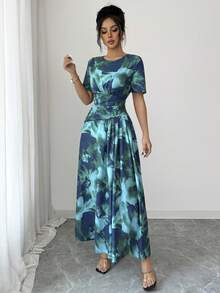 Elenzga Women's Summer Beach Vacation Floral Print Ruched Waist Dress - Green - View 4