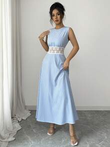 Elenzga Women's Spring/Summer New Hollow-Out Lace Crochet Splice Vertical Striped French Elegant Evening Party Casual Vacation Blue & White Sleeveless Dress - Blue and White - View 4