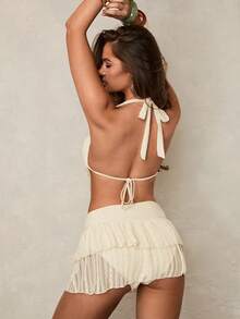 Zestiva Women's Summer Beach Solid Color Draped Neck Tie Sexy Tankini Swimsuit Set Y2k Yacht Outfit Women Zoo Outfits Women Dresses Y2k Dresses Women Vacation Outfit Sets Women's Summer Outfits Women 2 Pieces Sets Women Outfits Sets - Beige - View 2