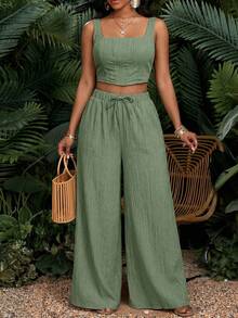 SHEIN Lady Áo croptop trơn và quần ống rộng - màu xanh lá - Xem 3