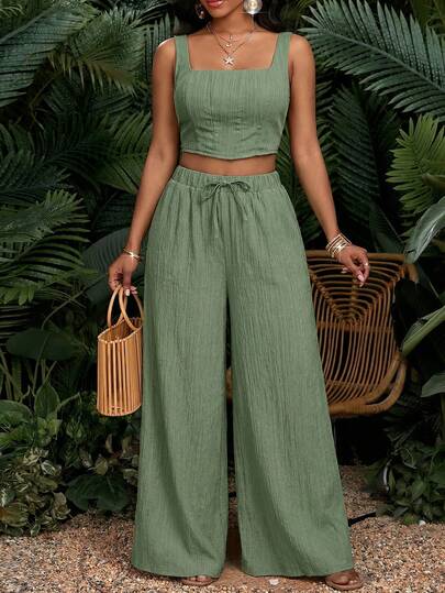 SHEIN Lady Áo croptop trơn và quần ống rộng