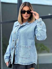 Women's Long Sleeve Jean Jacket - Medium Wash - View 3