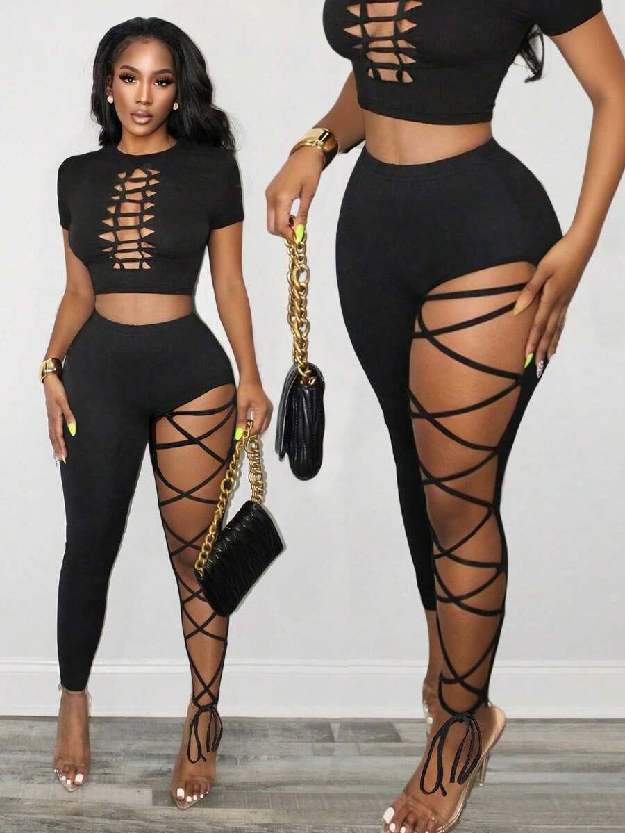 Mistrie 女士时尚性感交叉绑带紧身裤 - 黑色 - 查看 1