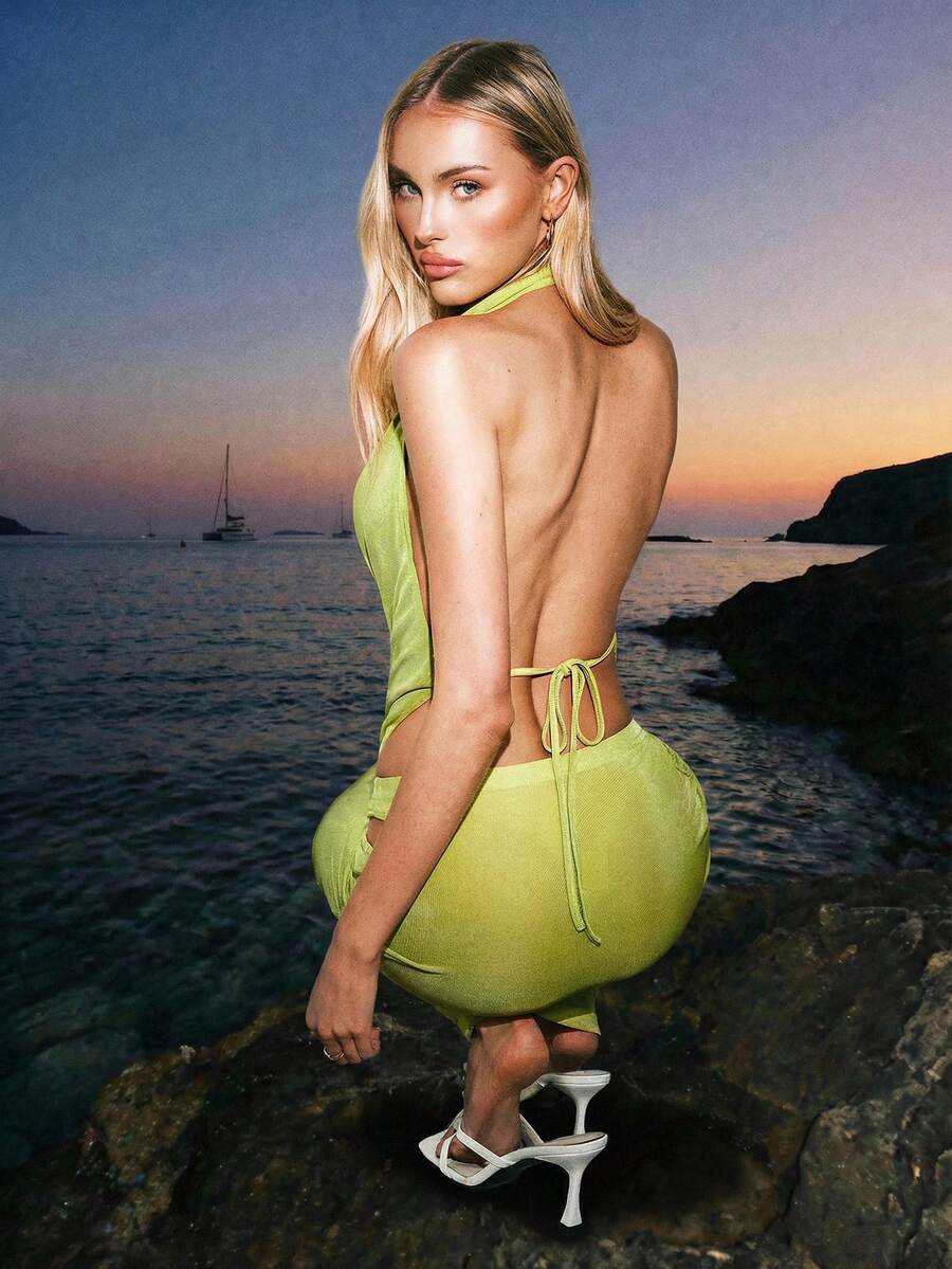 SHEIN ICON Sexy Vacation Plunging Neckline Backless Dress - Blue - View 1