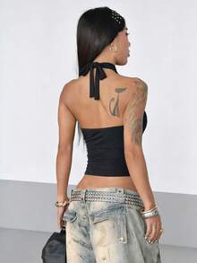 StreetHx Women's Solid Color Keyhole Criss-Cross Backless Halter Neck Camisole - Black - View 2