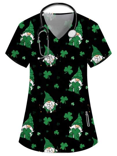PopScrub Black V-Neck Short Sleeve Double Pocket Cute Green Dwarf, Four-Leaf Clover Cartoon Print Design Nurse Doctor Work Uniform Top, Solid Color Pet Grooming Nutritionist Lab Work Wear, Functional Multi-Pocket Summer Women Tops, Adorable