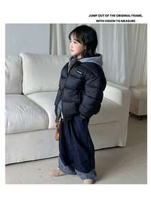 SHEIN 女童双面连帽拼接羽绒服，秋冬必备外套 - 黑色 - 查看 5