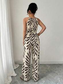 Louniche Bộ jumpsuit nữ thanh lịch, thoải mái, màu be chủ đạo phối họa tiết nâu, chất liệu vải lanh, cổ yếm, đính hạt cườm và thắt nơ ở eo, thích hợp cho mùa xuân/hè. - Nhiều màu - Xem 2