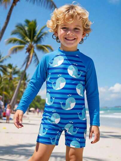 SHEIN 1 pieza Traje de baño de punto con estampado de dinosaurio y parches en las mangas, estilo casual para niños pequeños