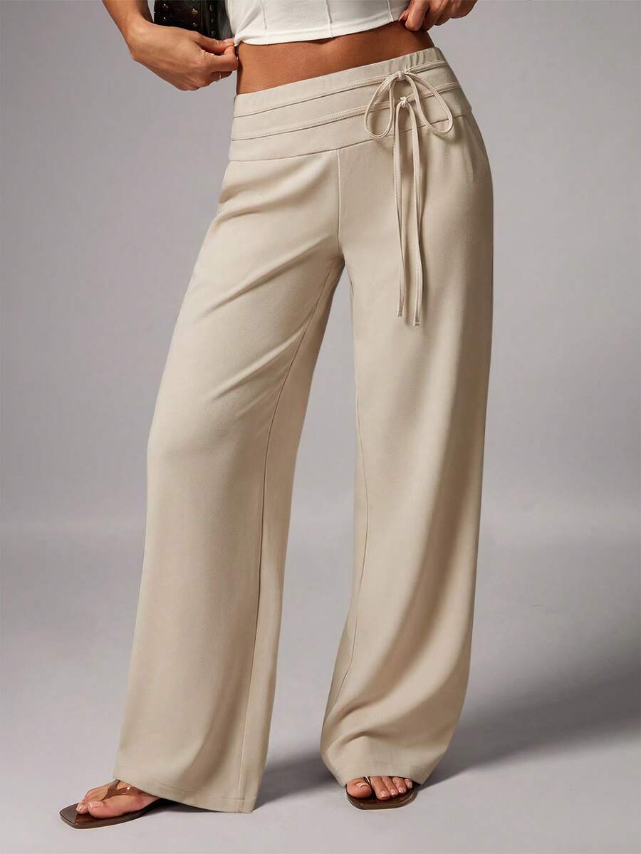 Avenya Women's Solid Color Drawstring Waist Casual Versatile Wide Leg Pants For Daily Wear - Khaki - View 1