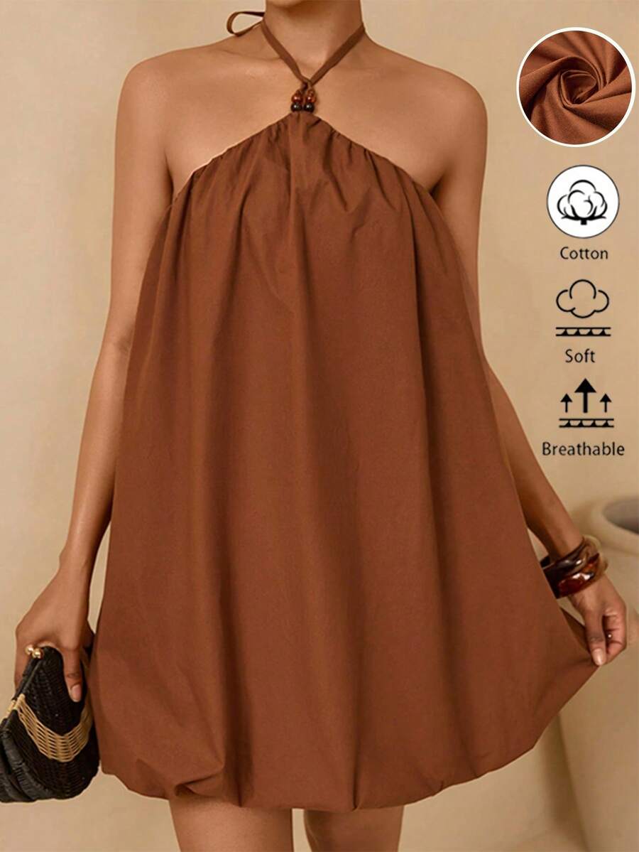 Lyxana Women's Coffee Color Loose Cotton Dress With Neck Tie - Coffee Brown - View 1