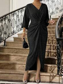 SHEIN Lady CURVE 大码闪亮扭结腰身派对连衣裙 - 黑色 - 查看 8