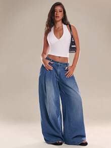 Avantive Quần jeans nữ ống rộng xếp ly, dáng suông, thoải mái, đa năng. - Rửa trung bình - Xem 2
