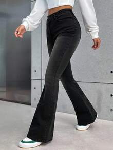 SHEIN PETITE 女式低腰紧身喇叭牛仔裤，深灰色牛仔裤 - 深灰色 - 查看 9