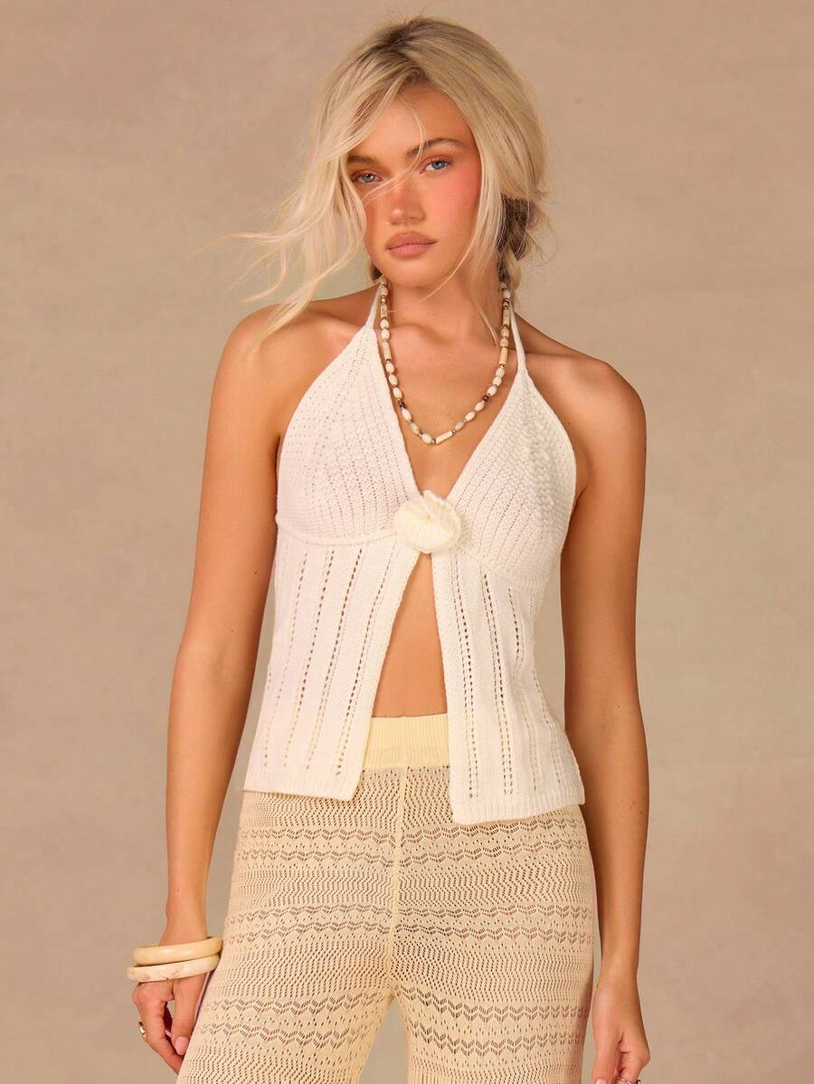 Athîral Women's Casual Vacation Knitted Floral Decor Tank Top - White - View 1