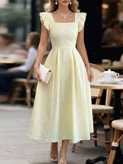 Elenzga Vestido maxi elegante y clásico con diseño de volantes en las mangas, cuello cuadrado, cintura ceñida y bajo acampanado, en tela jacquard con estampado floral amarillo. Un regalo ideal para cumpleaños, citas, San Valentín, carnaval, Día del Trabajo, Pascua, para maestros, estudiantes, oficina, reuniones, eventos al aire libre, bodas, viajes y uso casual en primavera y verano.