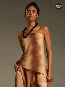 Athîral Women's Tie-Dye Print Asymmetric Hem Bandeau Top And Pants Casual 2 Pieces Set - Multicolor - View 1