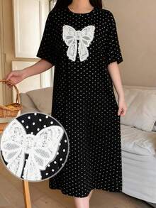 SHEIN Bộ đồ ngủ nữ tuổi teen màu đen chấm bi thêu nơ. - Đen và trắng - Xem 4