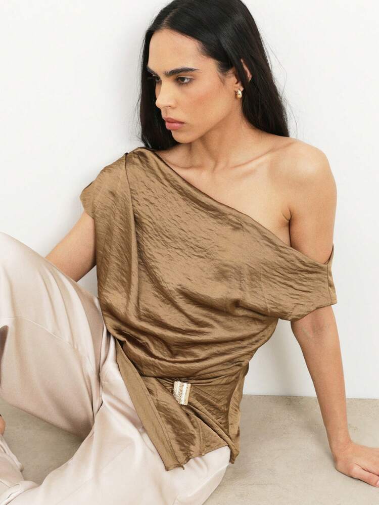 KSTM Women's Off Shoulder Asymmetrical Draped Top With Hardware Detail And Ruched Side Tie Design Elegant Evening Party Blouse