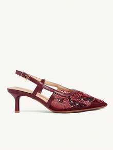 CUCCOO CHICEST New Burgundy Embroidered Mesh Beaded Square Toe Stiletto Heel Elegant Party Ankle Strap Pumps For Women Wedding Shoes Spring Shoes Bride Shoes - Burgundy - View 5