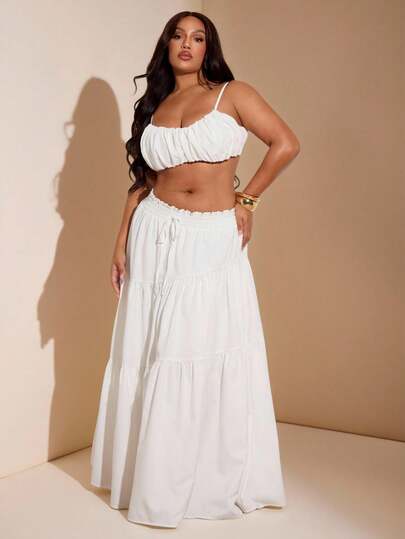 SHEIN BAE Plus Size Women Pleated Bust Camisole Top And Ruffle Hem Wide Leg Pants White Vacation 2 Pieces Set,Vacation Outfits Women,Beach Outfits For Woman,Summer Outfits For Women,Summer Outfits,2 Piece Sets Woman,Two Piece Set Women,Birthday Outfits For Women,Skirt,Holiday Outfits For Women,Festival Outfits For Women ,Summer Holiday Outfits,Plus Size Sets, Plus Size Women Clothes, Party,Elegant,Wedding,Graduation,Beach Vacation Outfits For Women,Music Festival,Concert,Y2k,Skirt,White Skirt,Skirts For Women,White Dresses For Women, White Skirt Set, Two Piece White Set Women, Beach Skirt Set