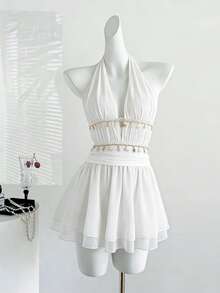 Sweetra New Spring/Summer Women's Stylish High Street Retro Sexy Slim Fit Patchwork Shell Ruffle Hem Casual Comfortable White Dress - White - View 3