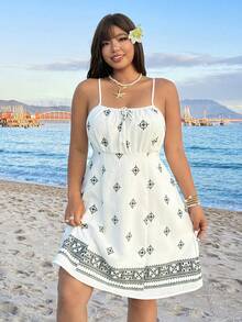 SHEIN EZwear 2000年代风格，夏季，春季，Y2K，复活节，度假，节日，大码女式印花系带休闲吊带连衣裙，假日，圣帕特里克节，沙滩装，大码女式太阳裙，沙滩裙套装，度假装，女式度假连衣裙，大码度假连衣裙，大码女式夏季套装 - 彩色 - 查看 5