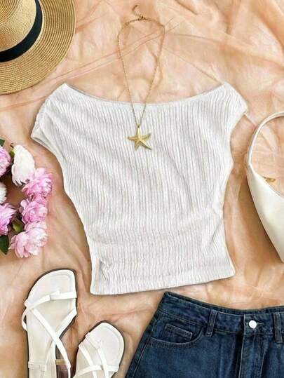 SHEIN Teen Girl Textured Bubble Crinkle Knit Oblique Shoulder Ruched Asymmetrical Shoulder T-Shirt Top
