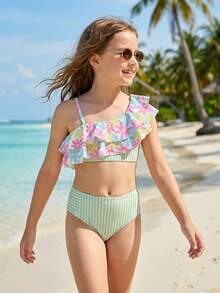 SHEIN Tween Girls Yellow Striped Print Bikini Set, 2-Piece Swimsuit With Layered Ruffle Top, Fashionable Casual Elegant Suitable For Swimming, Vacation, Summer - Multicolor - View 3