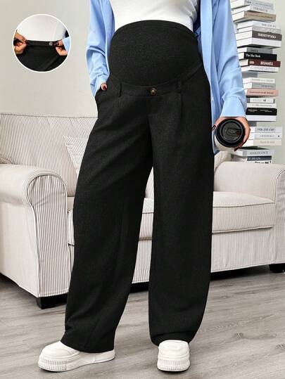 SHEIN Pantaloni casual larghi in colore unito, vita alta, plissettati, con tasche, per gravidanza