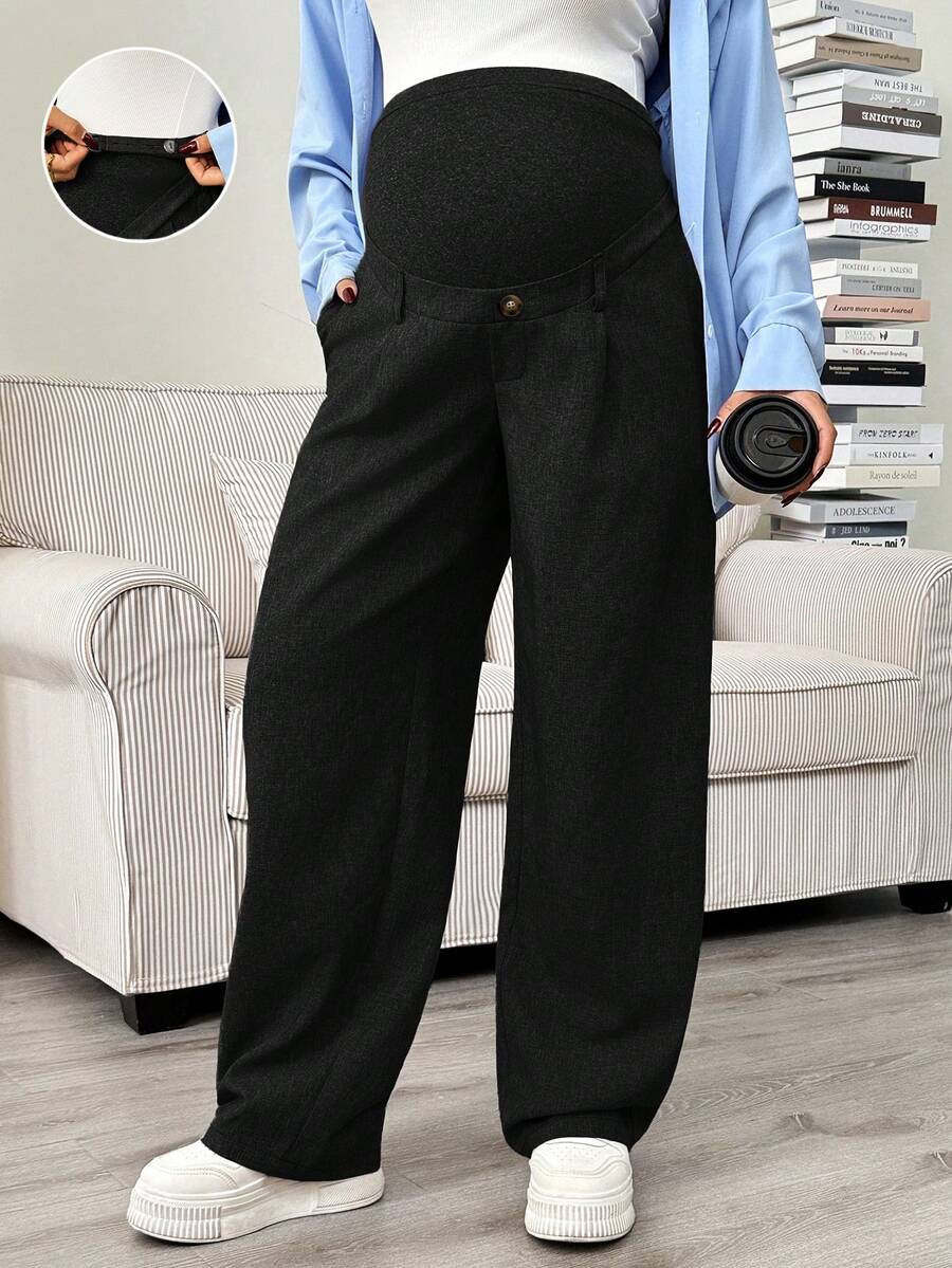 SHEIN 孕妇纯色高腰褶裥口袋宽松休闲裤 - 黑色 - 查看 1