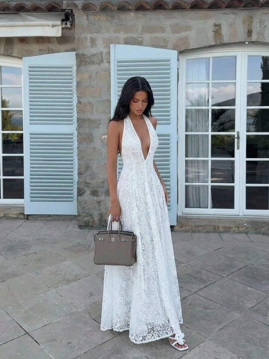 Aloruh White Deep V-Neck Lace Dress, Sexy Backless Vacation Wedding Guest Dress,Formal Dresses For Women,Casual Outfit For Women,Casual Dress,Beach Vacation Outfits For Women,Elegant Dresses,Holiday,Weddings & Events,Party Dresses For Women,Easter,Spring Dress Women,White Dresses For Women,White Dresses,Elegant Dresses For Women,Elegant Party Dresses,Summer Dress,Rave Outfits,Concert Outfit Women,Country Concert Outfit