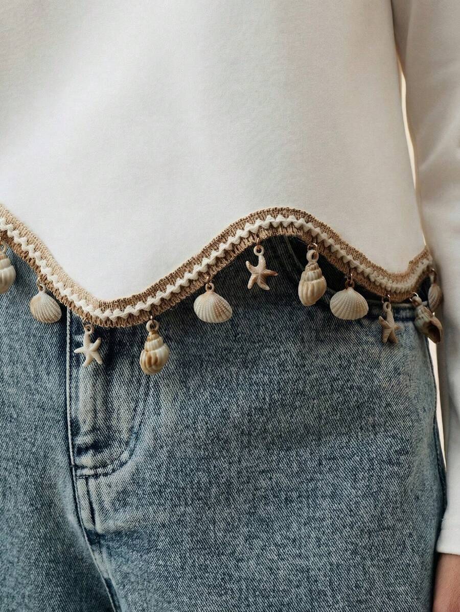 Anewsta Áo thun tay raglan cổ thuyền thiết kế bất đối xứng thanh lịch với tua rua hình cầu, thích hợp cho mùa xuân/hè, lễ hội, tốt nghiệp, trang nhã, ngày lễ, thường ngày. - trắng - Xem 1