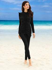 Swim Mulvari Women's Black Ruffled Drawstring Long Sleeve & Long Pants 2-Piece Burkini Swimwear, Suitable For Spring/Summer Beach & Swimming - Black - View 5